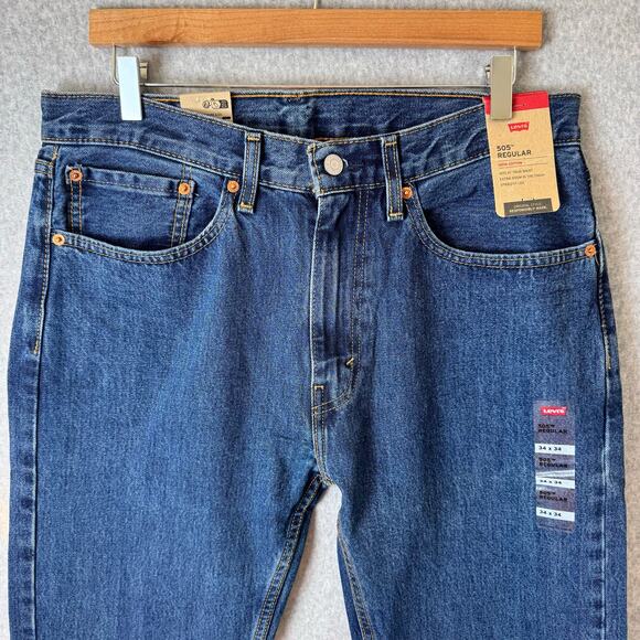 Levi’s 505 Jeans Mens Size 34 Straight Leg 100% Cotton Dark Wash Casual Work New - Picture 4 of 11